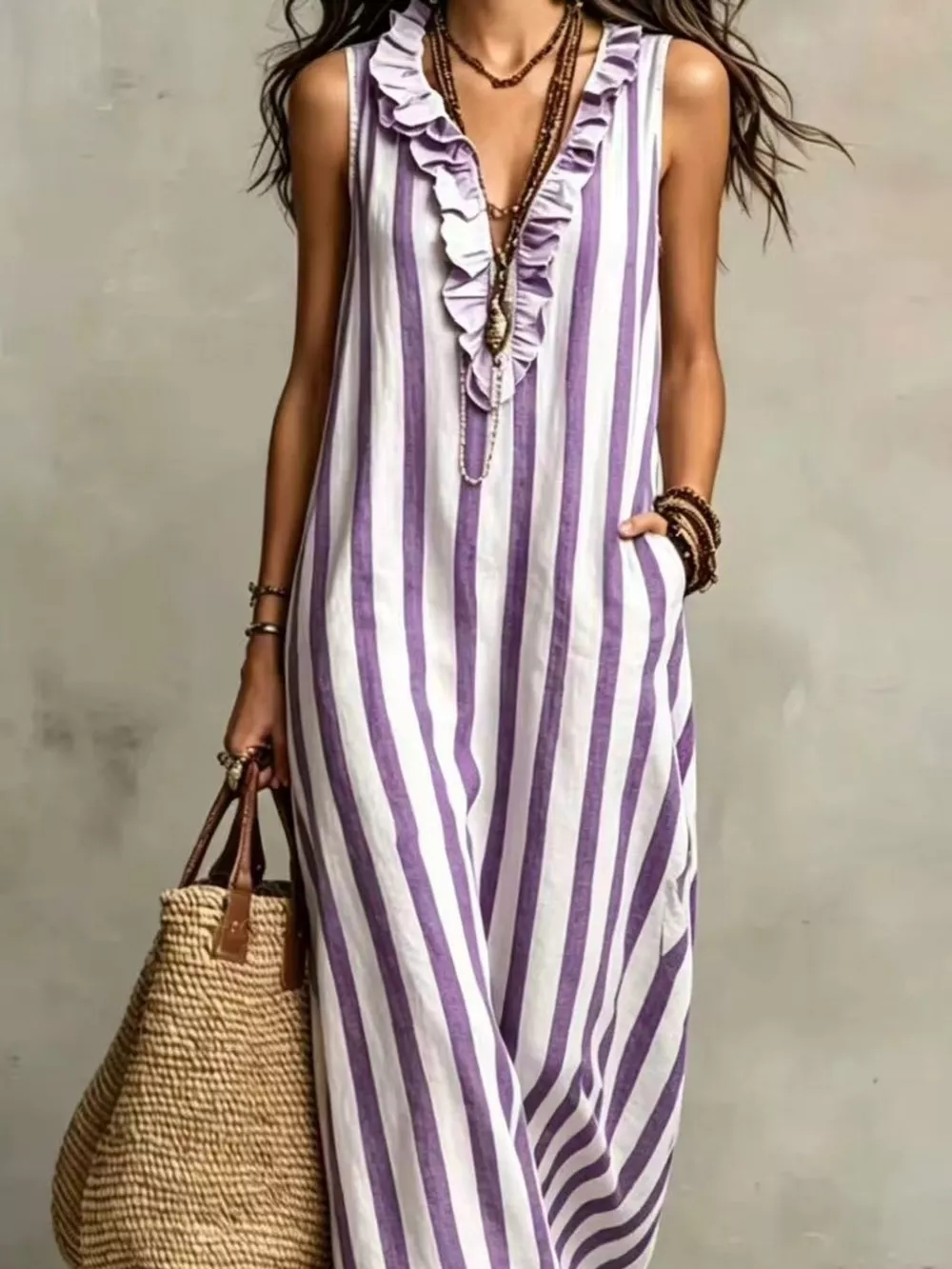 Full Size Sleeveless Striped Ruffle V-Neck Maxi Dress Plus Size, image 6