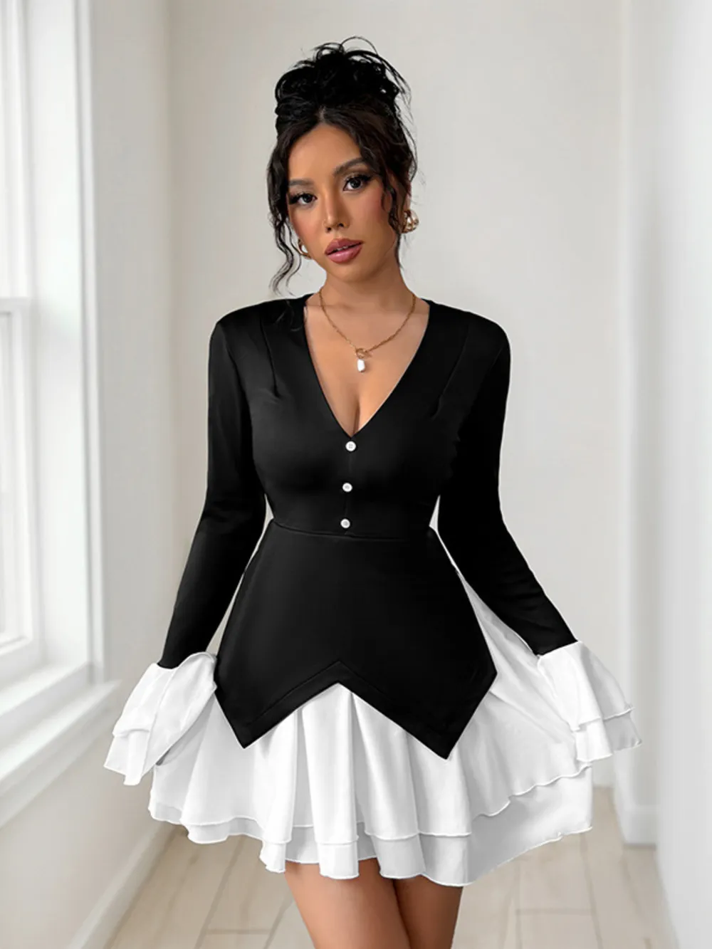 Two Tone V-Neck Long Sleeve Mini Dress