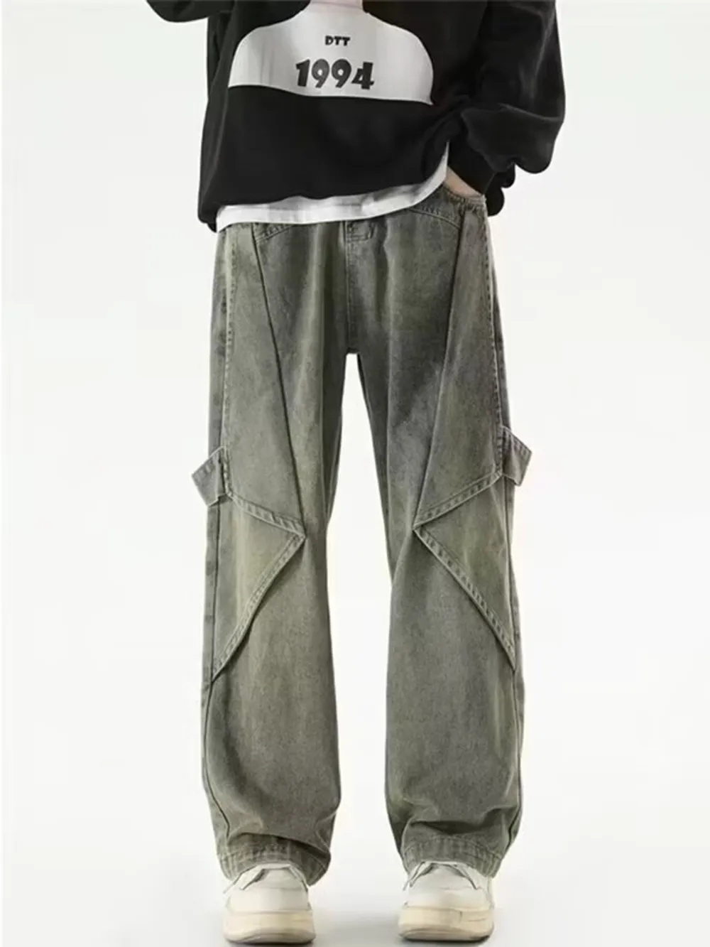 Men's Full Size Vintage Wash Wide Leg Cargo Jeans Plus Size