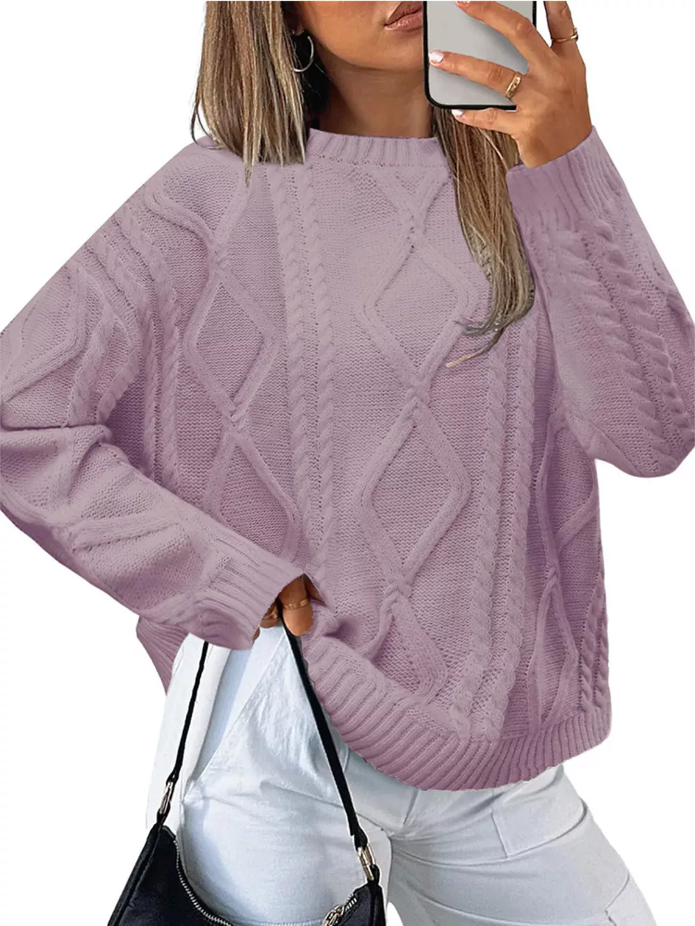 Cable Knit Round Neck Long Sleeve Sweater, image 13