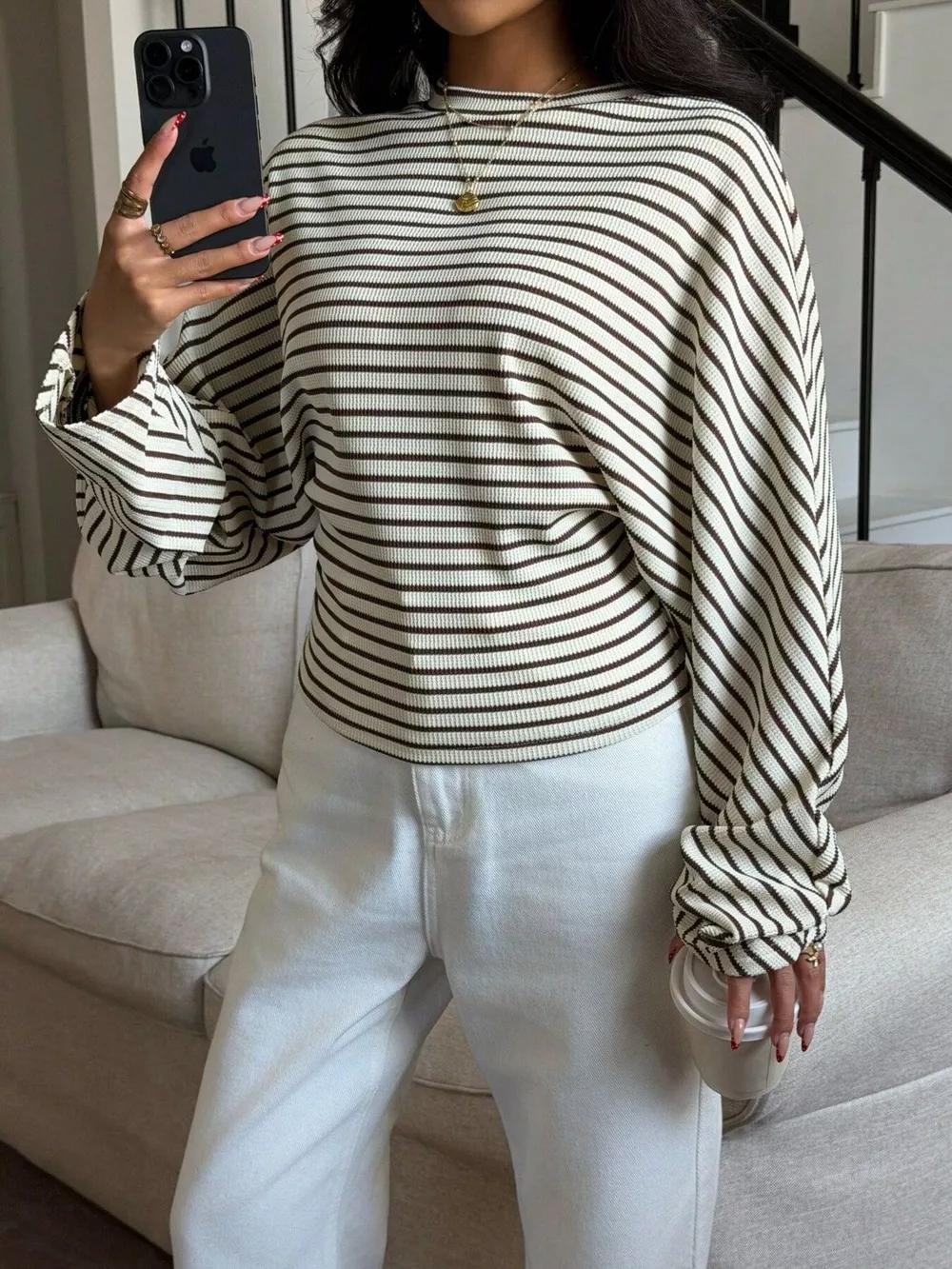 Casual Striped Batwing Sleeve T-Shirt, image 2