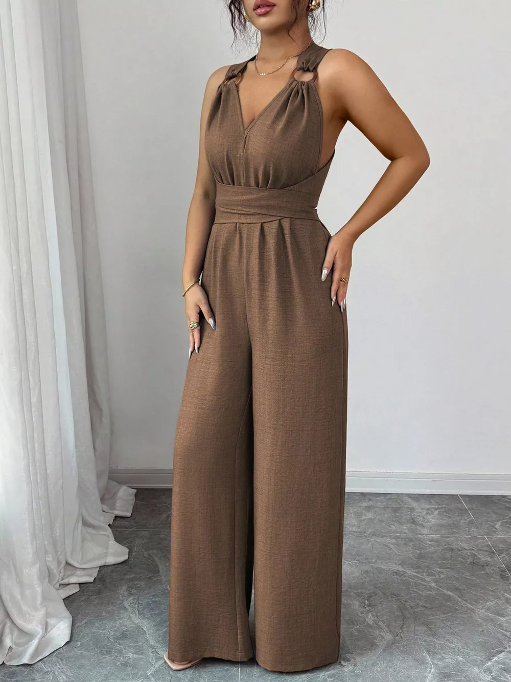 Sleeveless V-Neck Wide-Leg Jumpsuit with O-Ring Detail, image 7