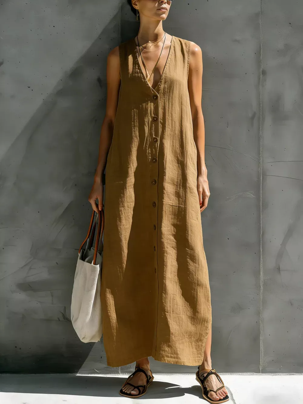Full Size Sleeveless V-Neck Button-Down Linen Maxi Dress Plus Size, image 5