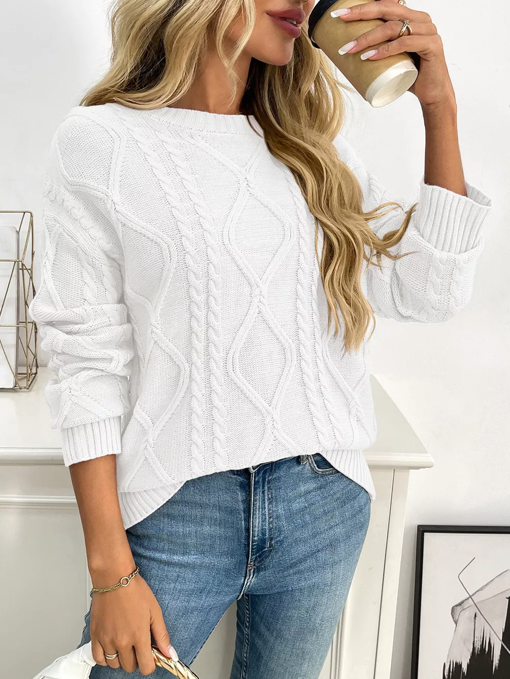 Cable Knit Round Neck Long Sleeve Sweater, image 14