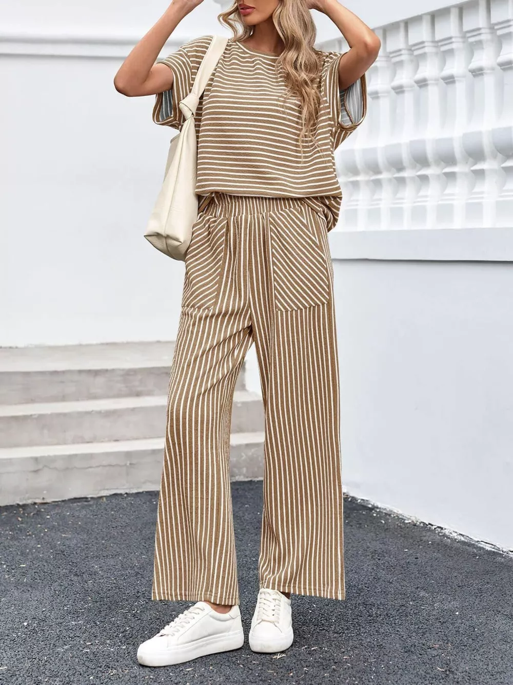 Casual Striped Short Sleeve Top and Wide Leg Pants Two-Piece Set, image 13