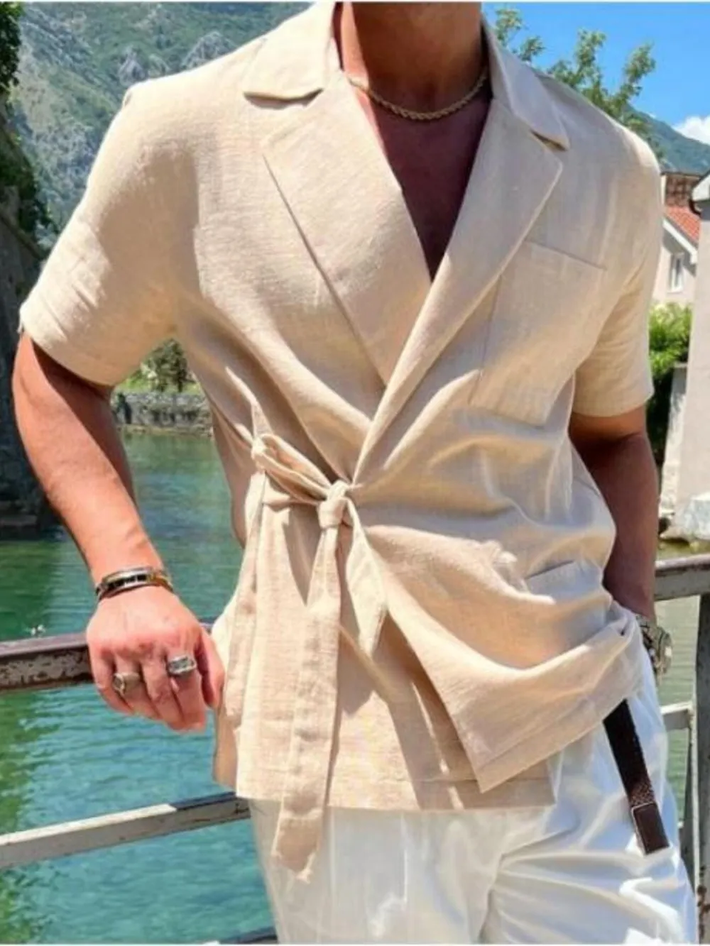 Men's Plus Size Tied Lightweight Linen Wrap Top, image 2