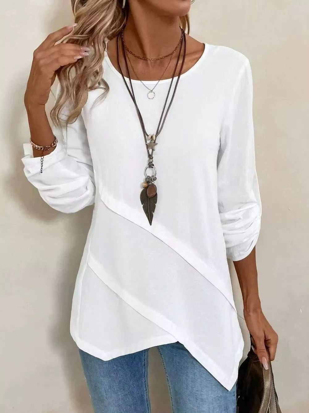 Asymmetrical Hem Solid Color Linen Blouse, image 5