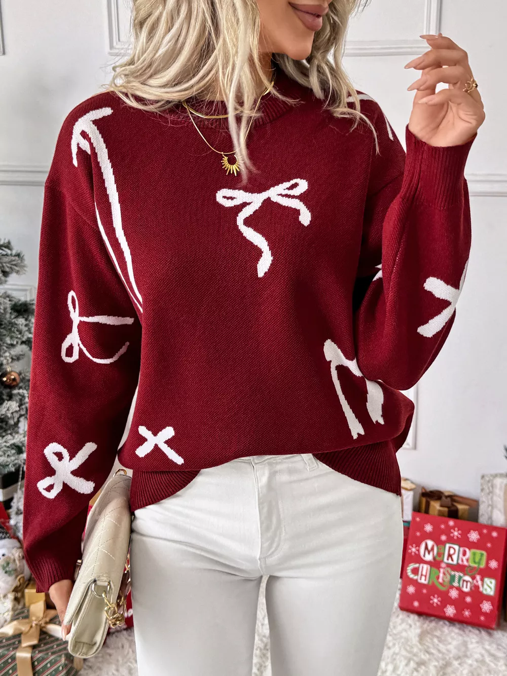 Bow Round Neck Long Sleeve Sweater, image 6