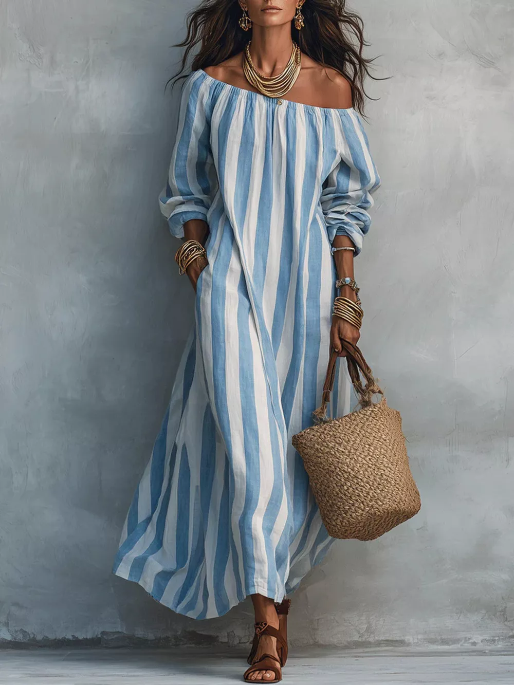 Off-Shoulder Striped Maxi Dress