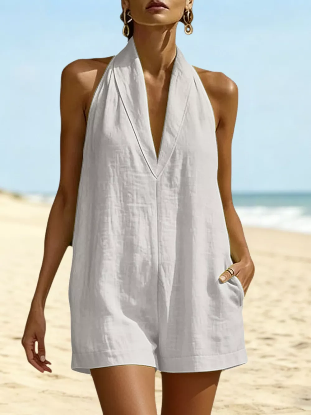 Halter Neck Romper with Pockets, image 2