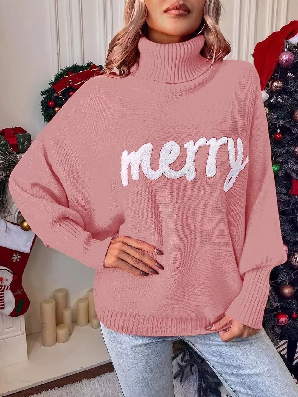 Merry Turtleneck Long Sleeve Christmas Sweater, image 10