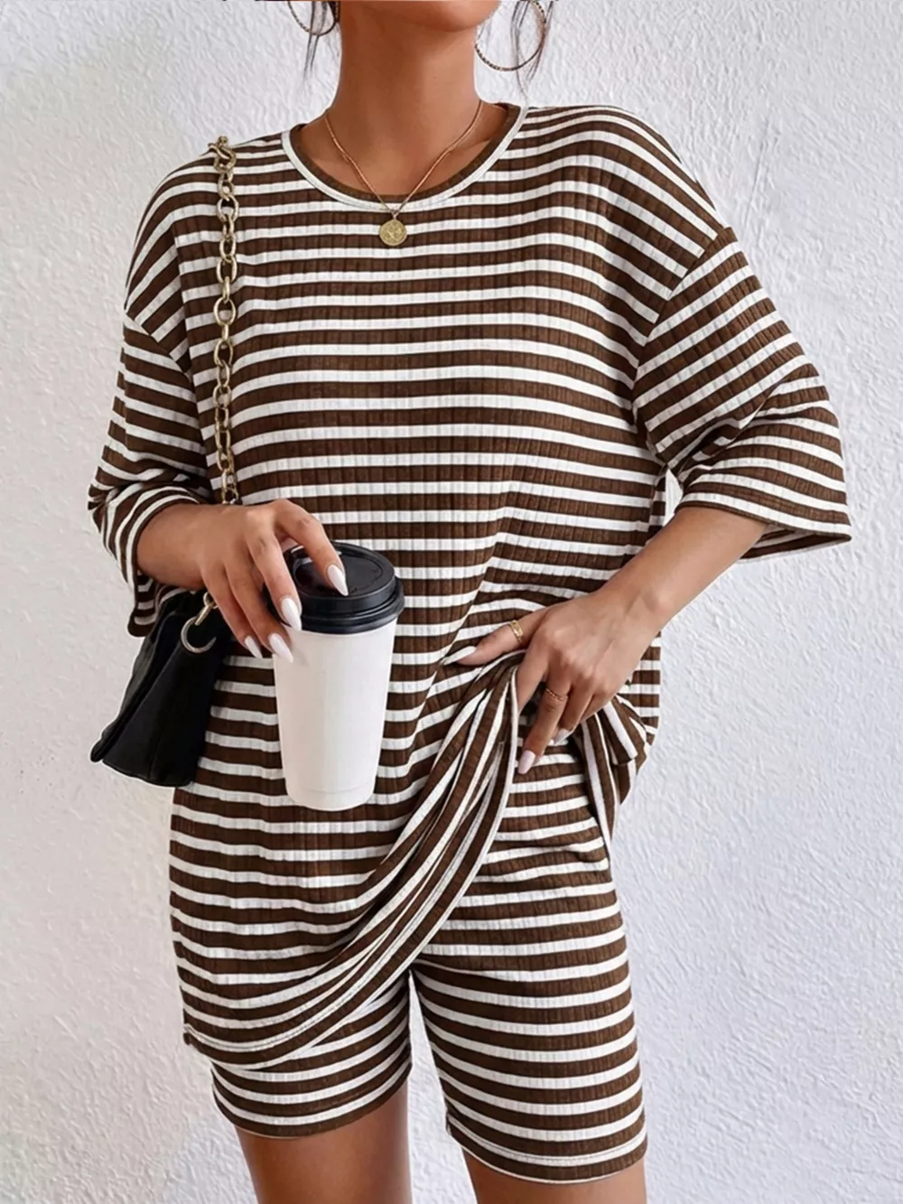 Striped Round Neck Top and Shorts Set, image 16