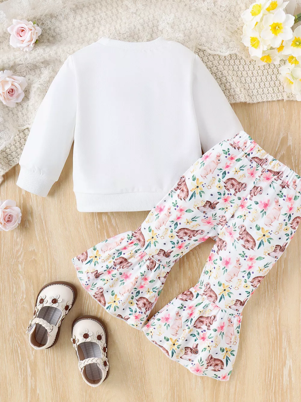 Children's Floral Bunny Print Top and Pant Set, image 5