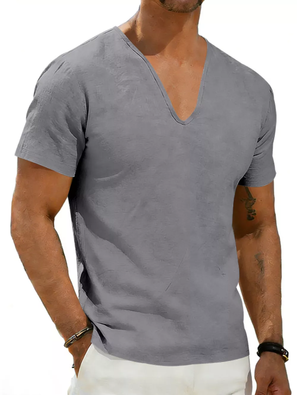 Men's Full Size Casual V-Neck Linen T-Shirt Plus Size, image 6