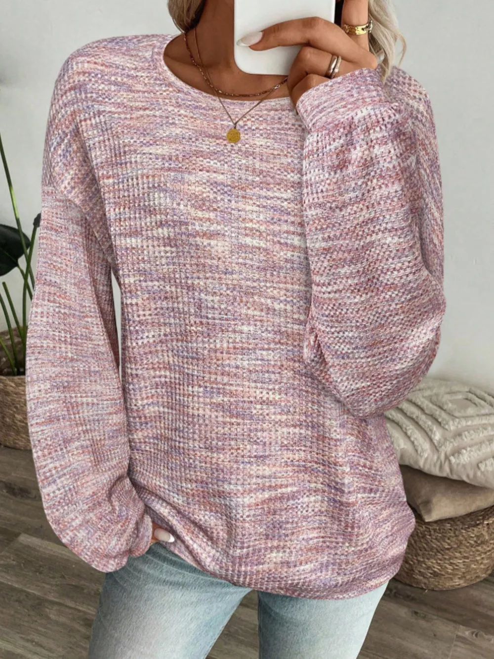 Space-Dyed Long Sleeve Waffle-Knit Top, image 26