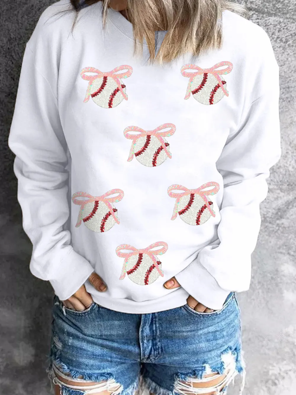 Sequin Bow Baseball Patched Casual Sweatshirt, image 5