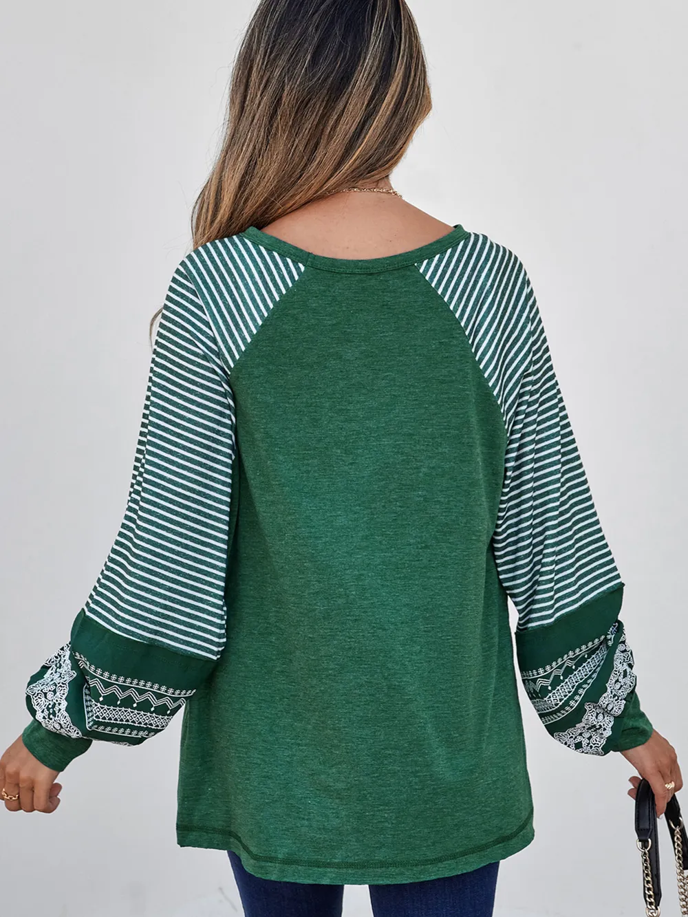 Contrast Print Striped Raglan Long Sleeve Loose Top, image 23