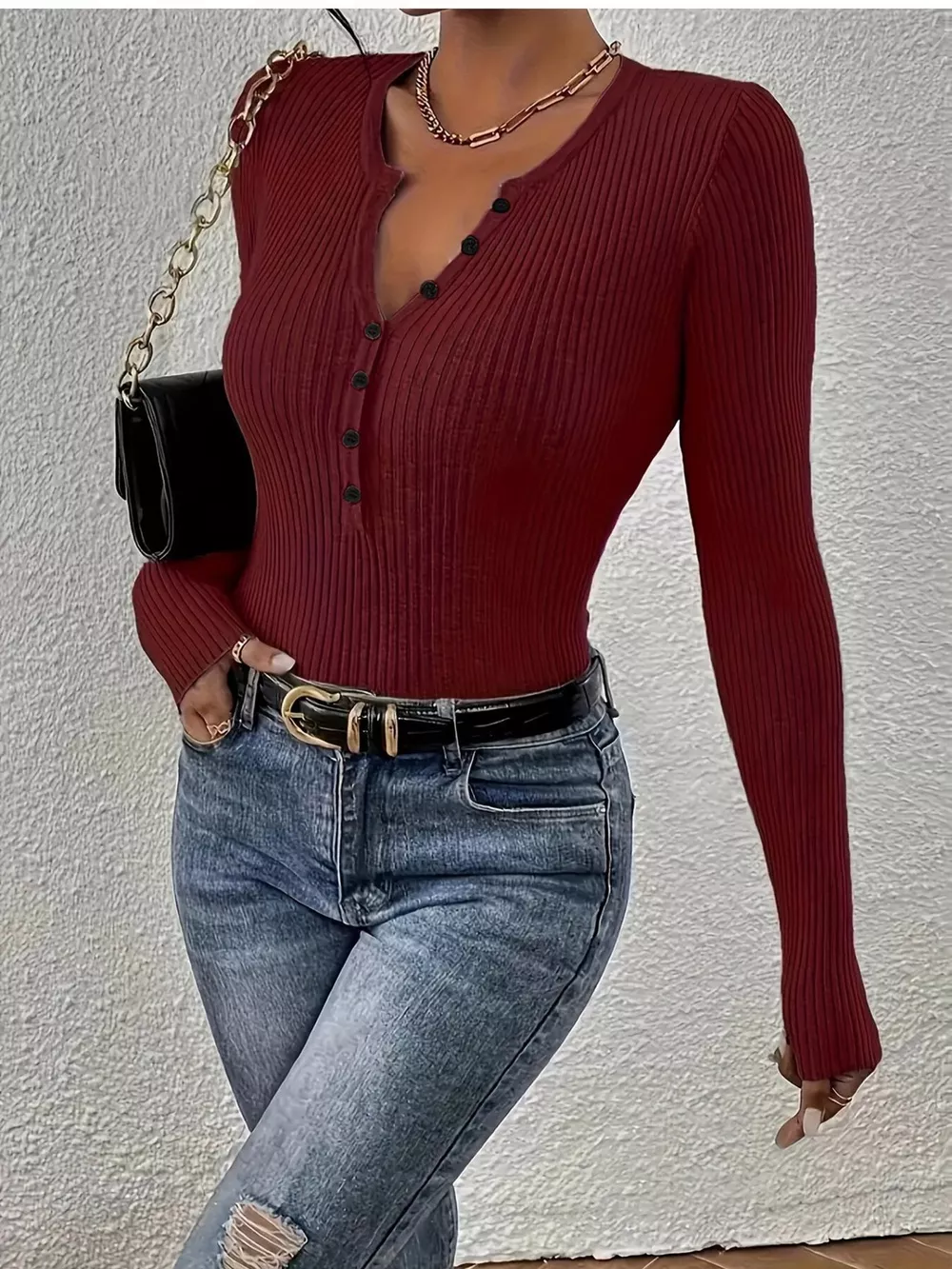 Ribbed Knit Button Front Knit Top, image 34