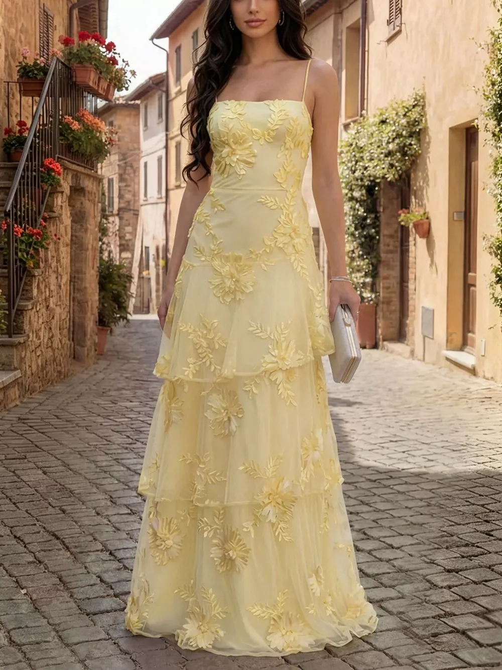 Floral Applique Tiered Maxi Dress with Lace Up Detail, image 8