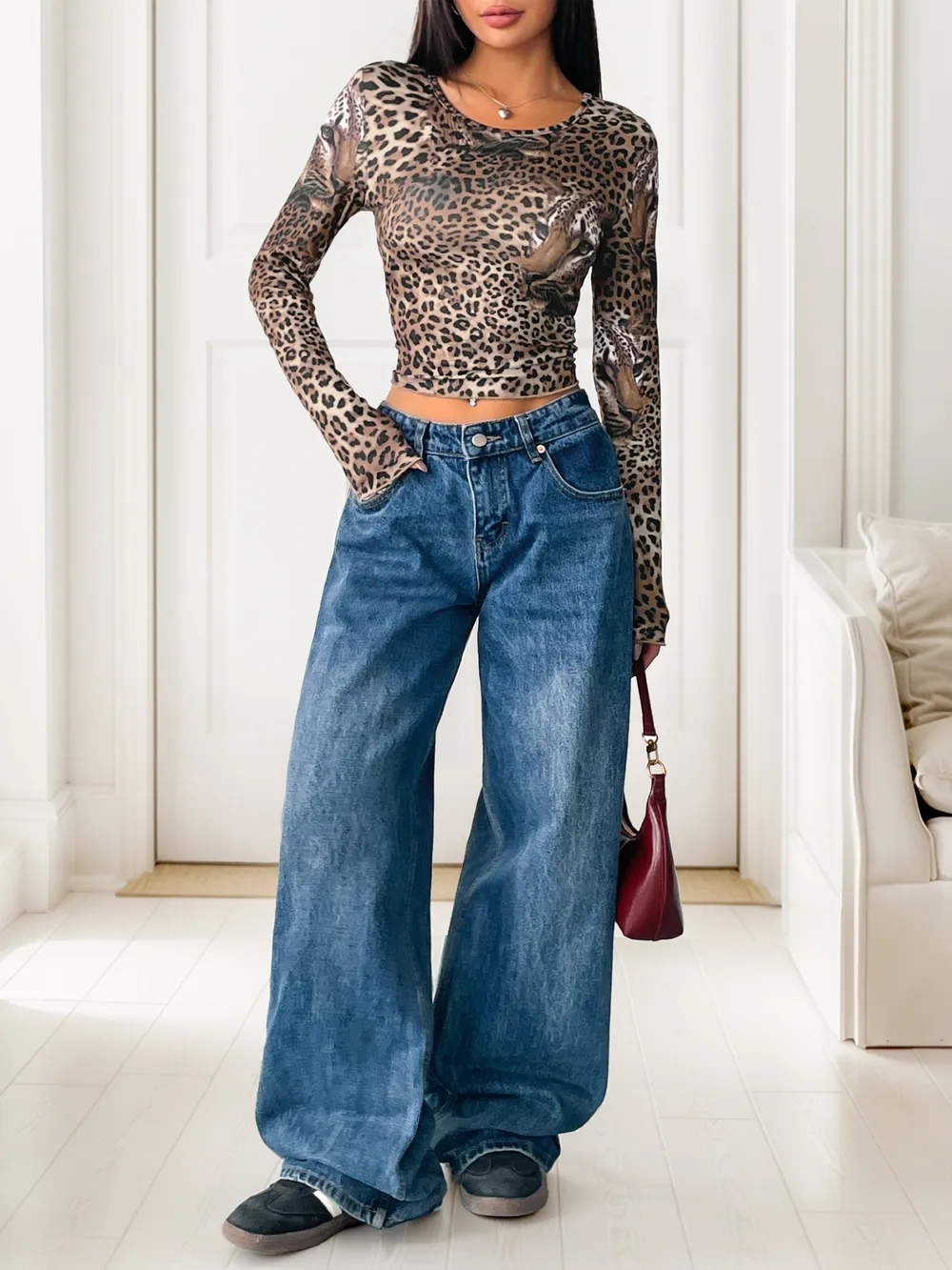 Leopard Print Long Sleeve Fitted T-Shirt, image 11