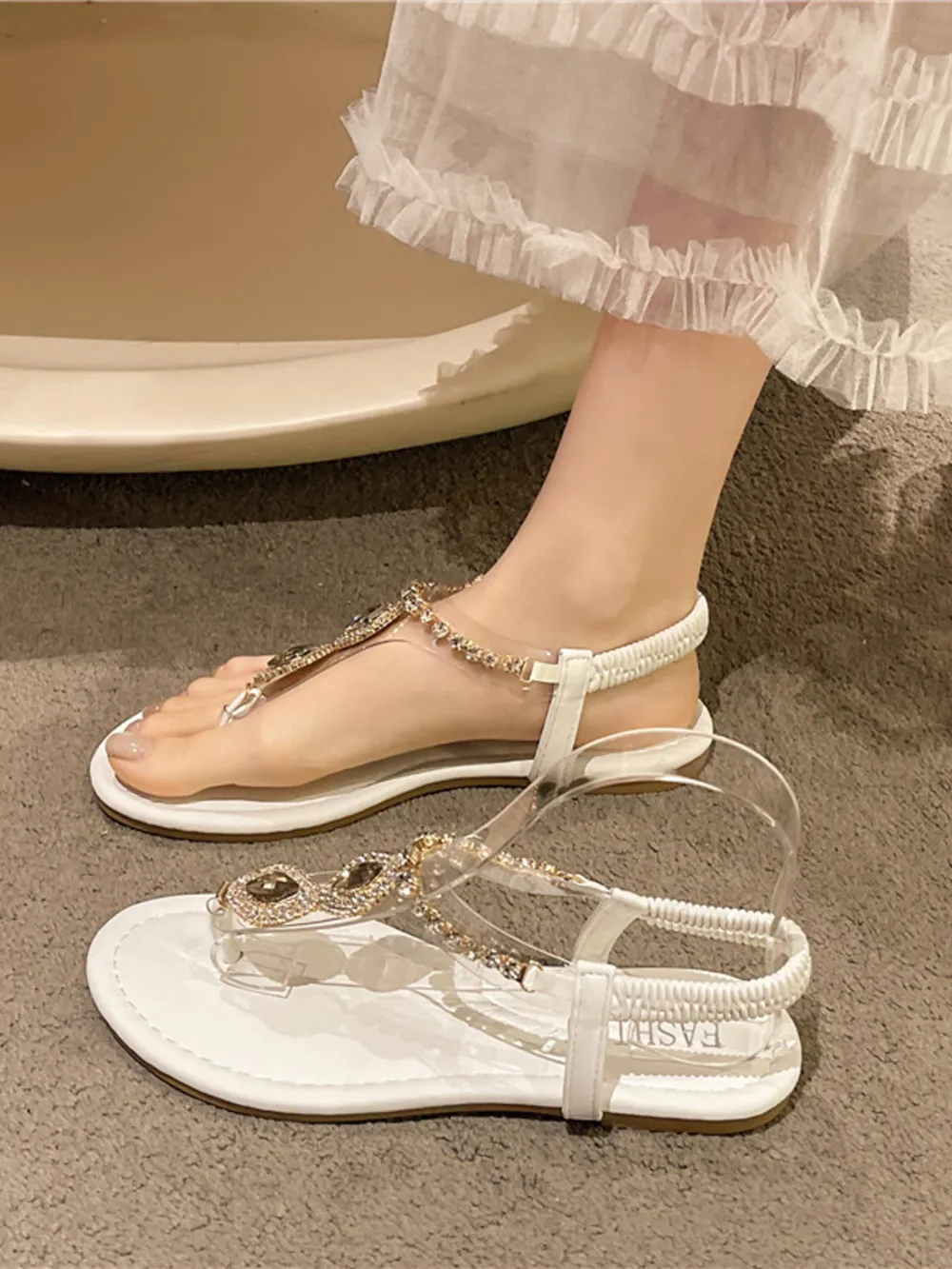 Rhinestone T-Strap Flat Sandals, image 7