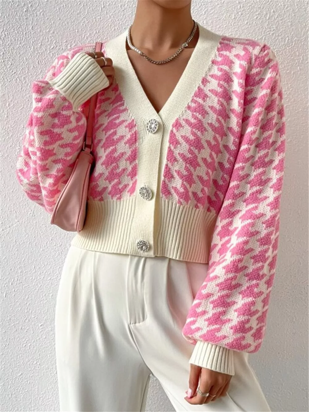 Houndstooth V-Neck Button Up Cardigan, image 22