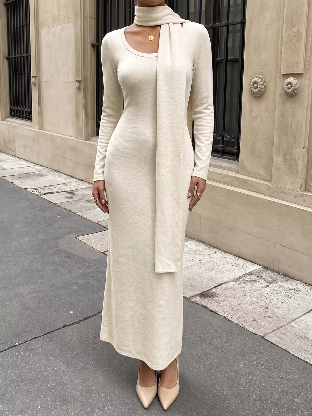 Round Neck Maxi Knit Dress with Matching Scarf, image 7