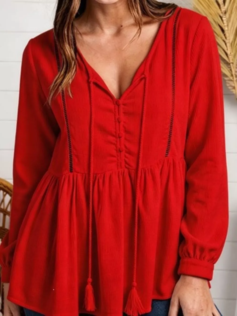 Tassel Drawstring Long Sleeve Peplum Top, image 10