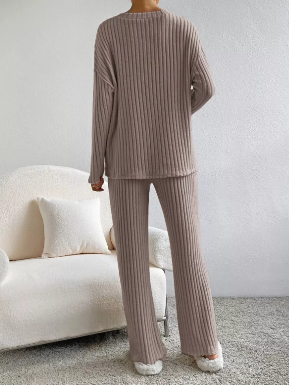 Ribbed Knit Long Sleeve Top and Pants Set, image 8