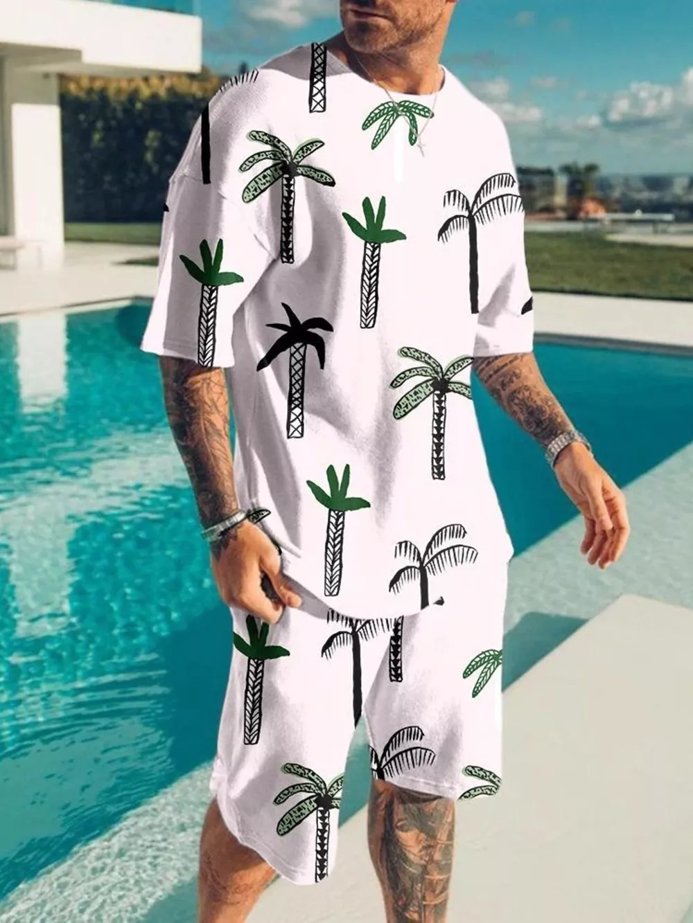 Men's Full Size Palm Tree Print Top and Shorts Set Plus Size