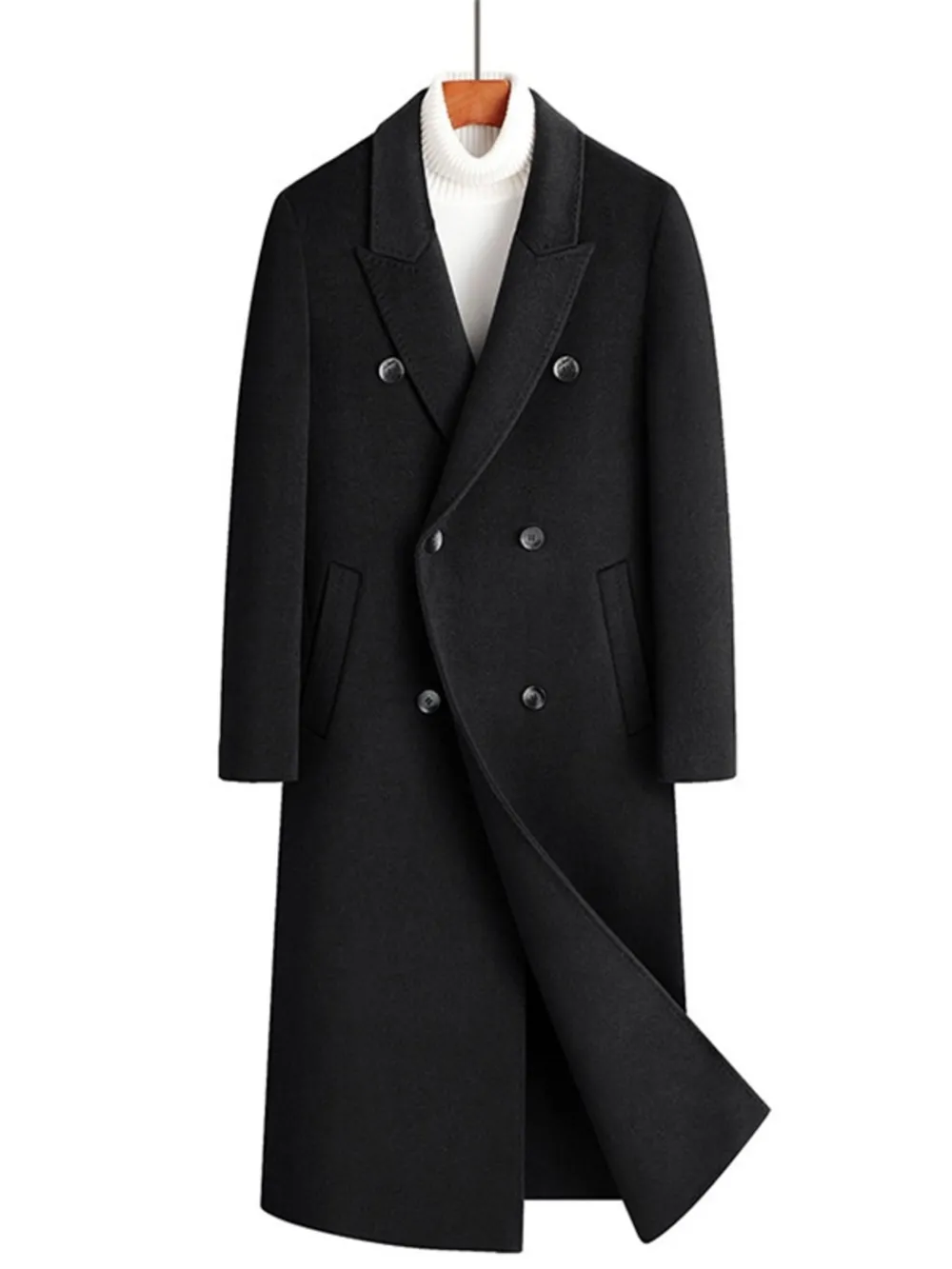 Men's Plus Size Double-Breasted Long Wool Coat