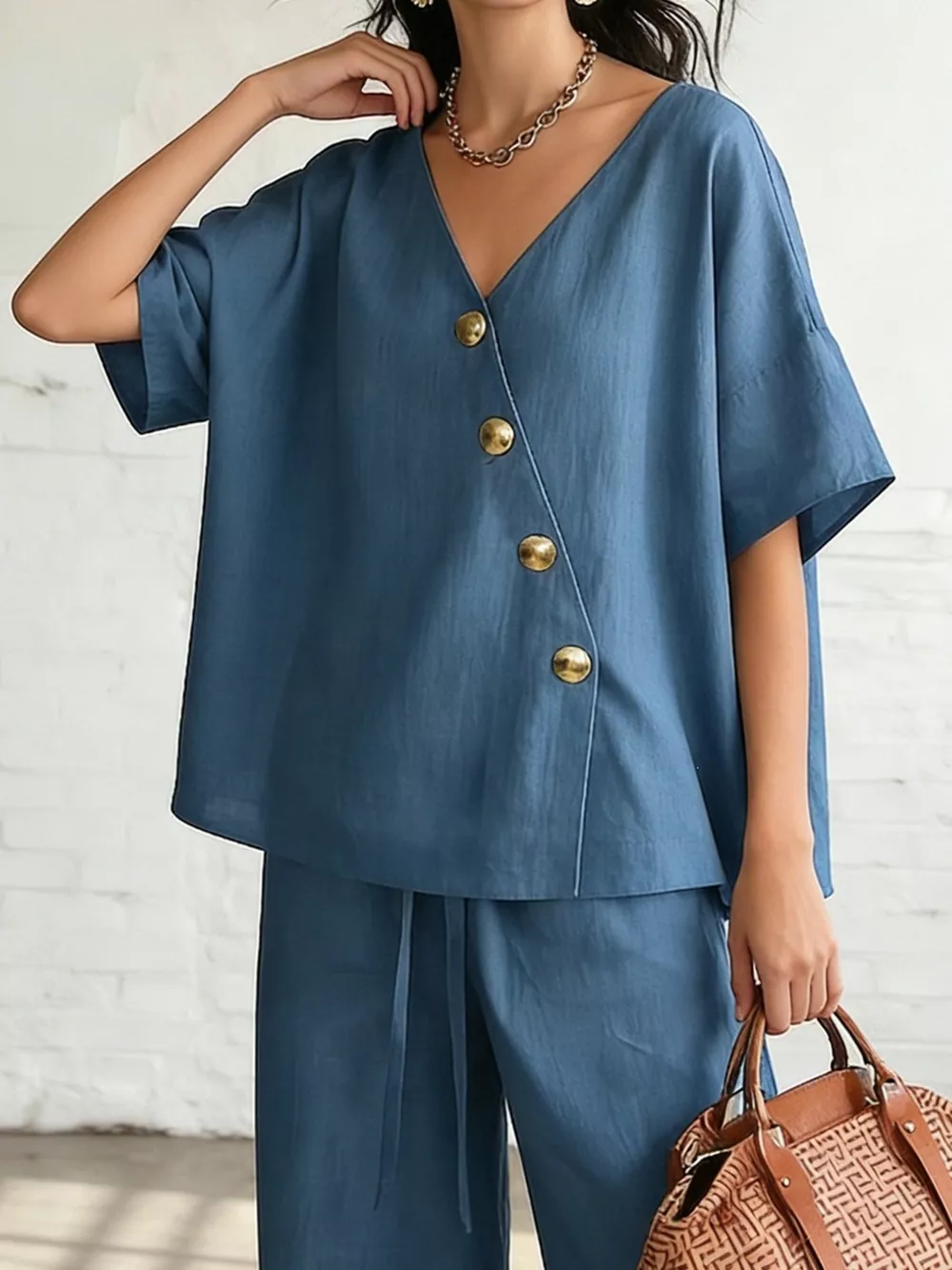 Full Size Surplice Half Sleeve Top and Wide-Leg Pants Set Plus Size, image 2