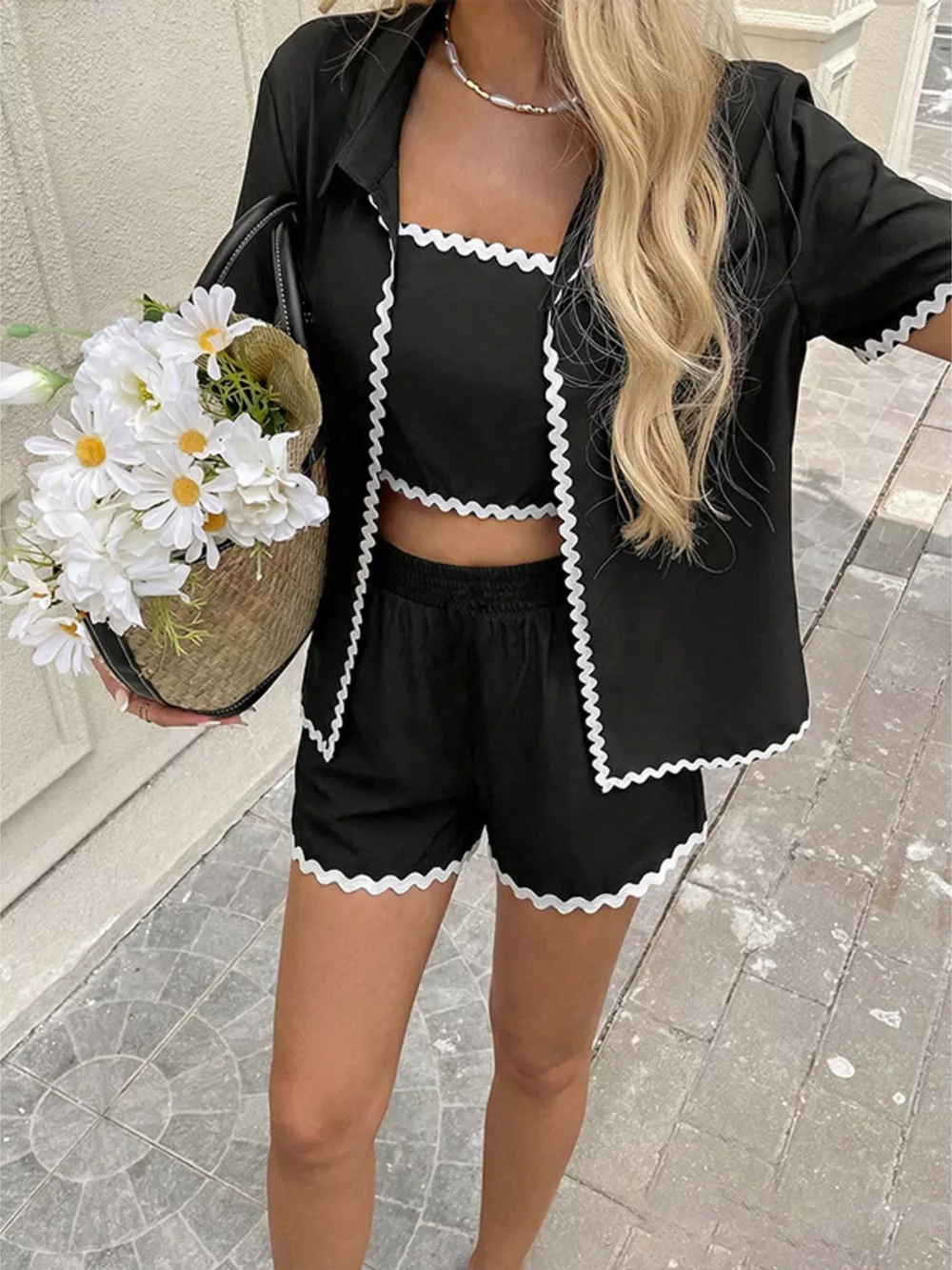 Scalloped Trim Cami & Cardigan & Shorts Set, image 3