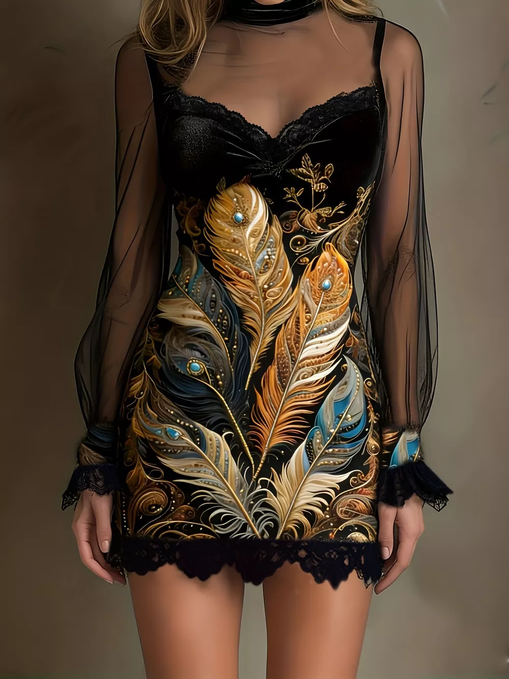 Floral Velvet Mini Dress with Sheer Mesh Sleeves, image 13