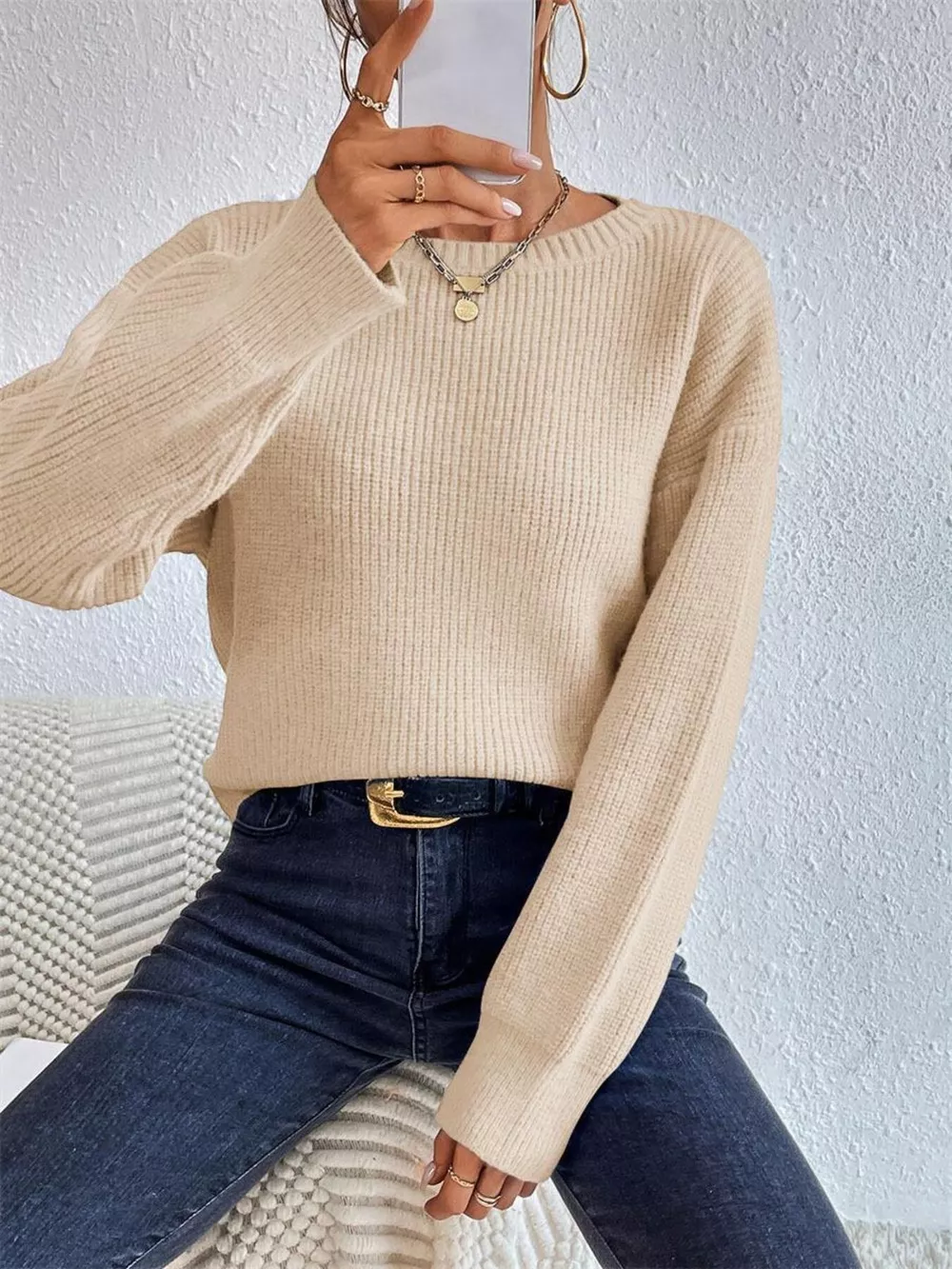 Ribbed Knit Dropped Shoulder Sweater, image 11