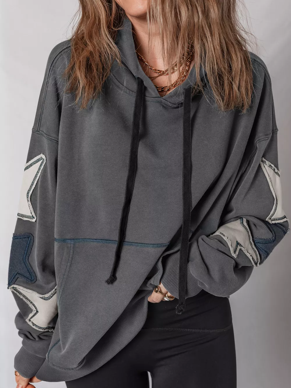 Star Patchwork Contrast Stitching Mineral Wash Kangaroo Pocket Hoodie, image 12