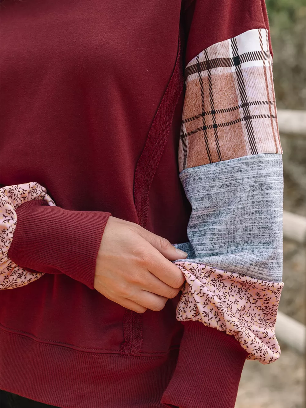 Plaid Colorblock Patchwork Sleeve Raw Seam Sweatshirt, image 12