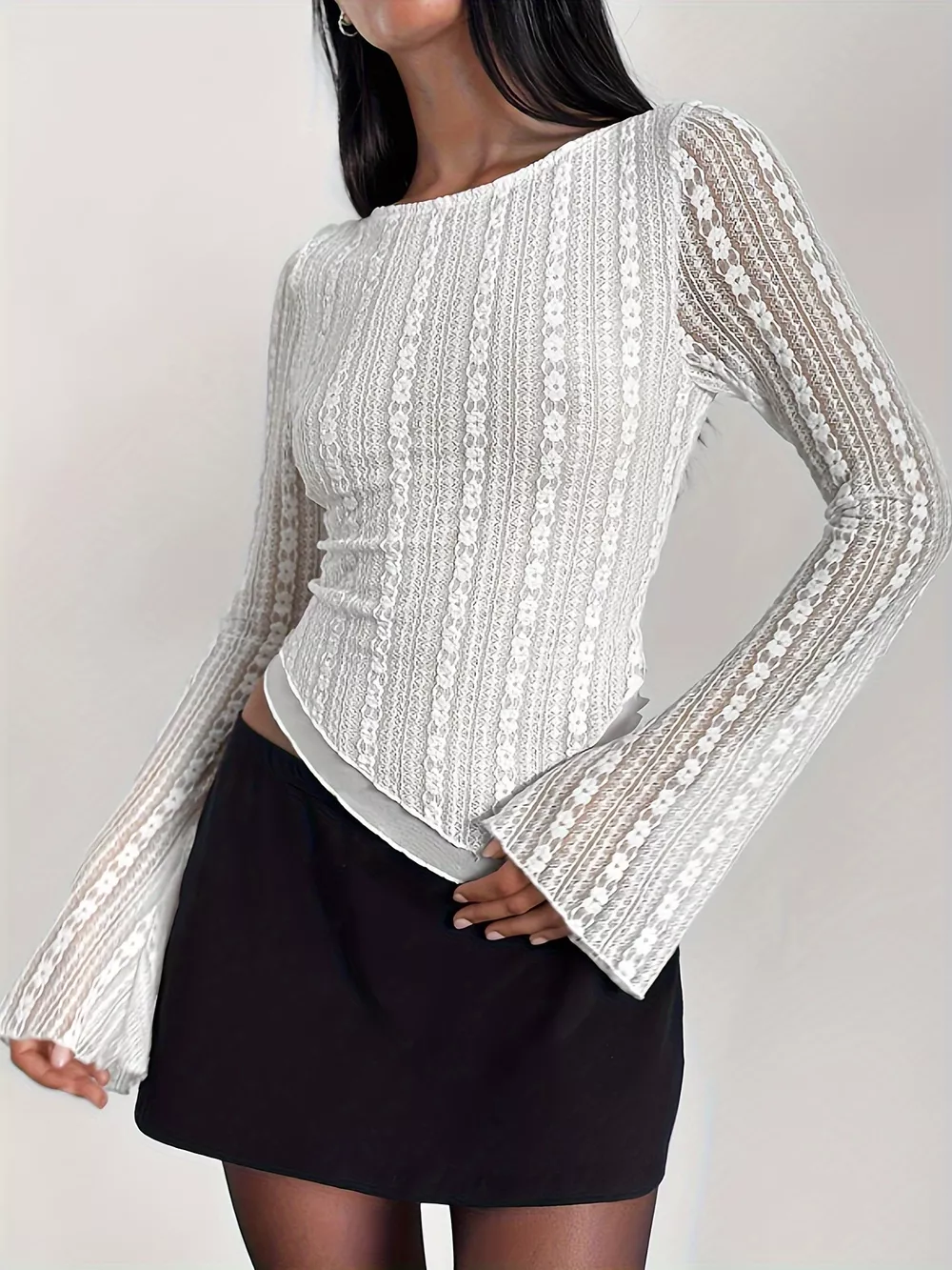 Lace Long Sleeve Blouse with Asymmetrical Hem