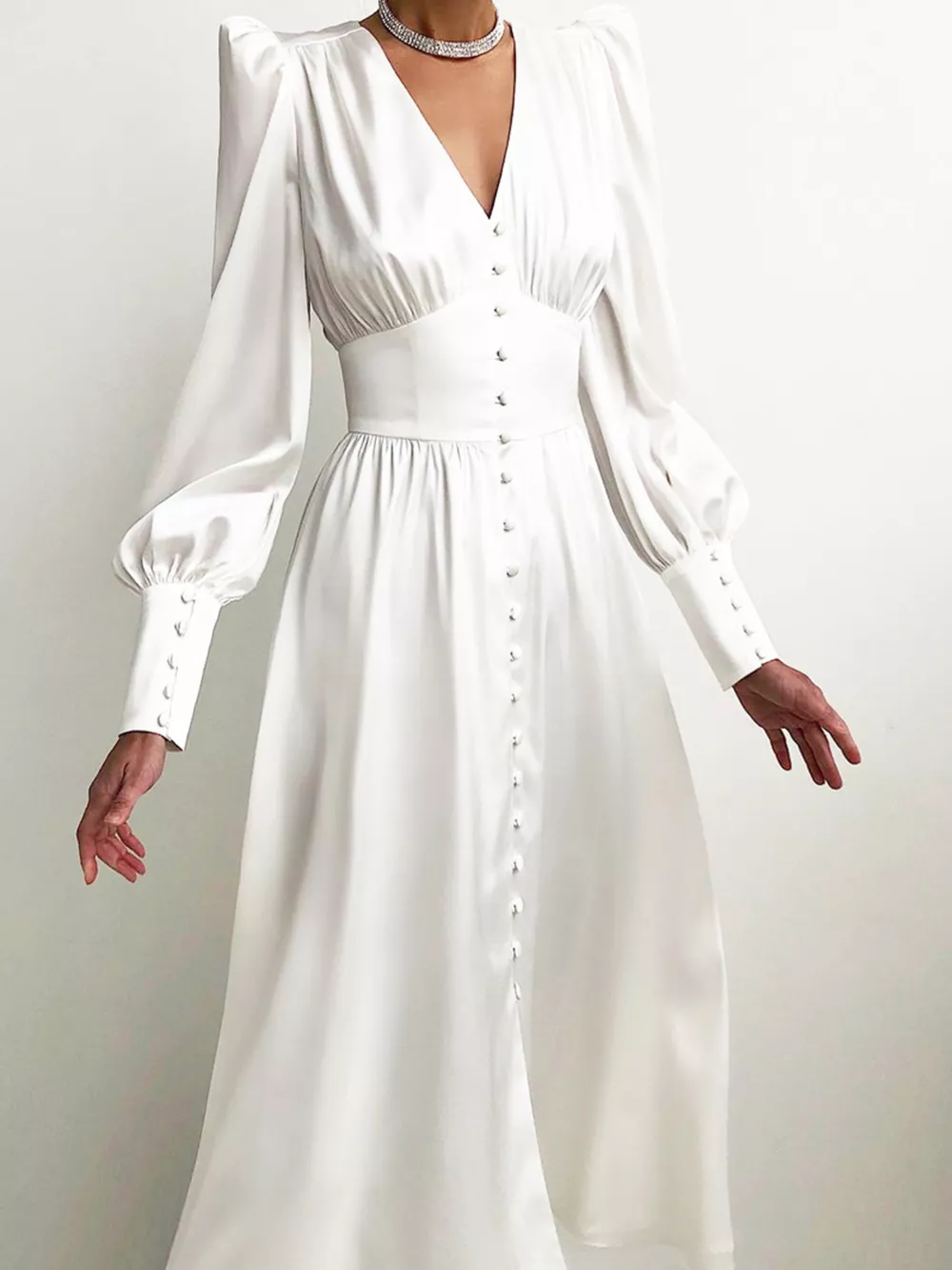Elegant V-Neck Puff Sleeve Button-Down Midi Dress, image 3