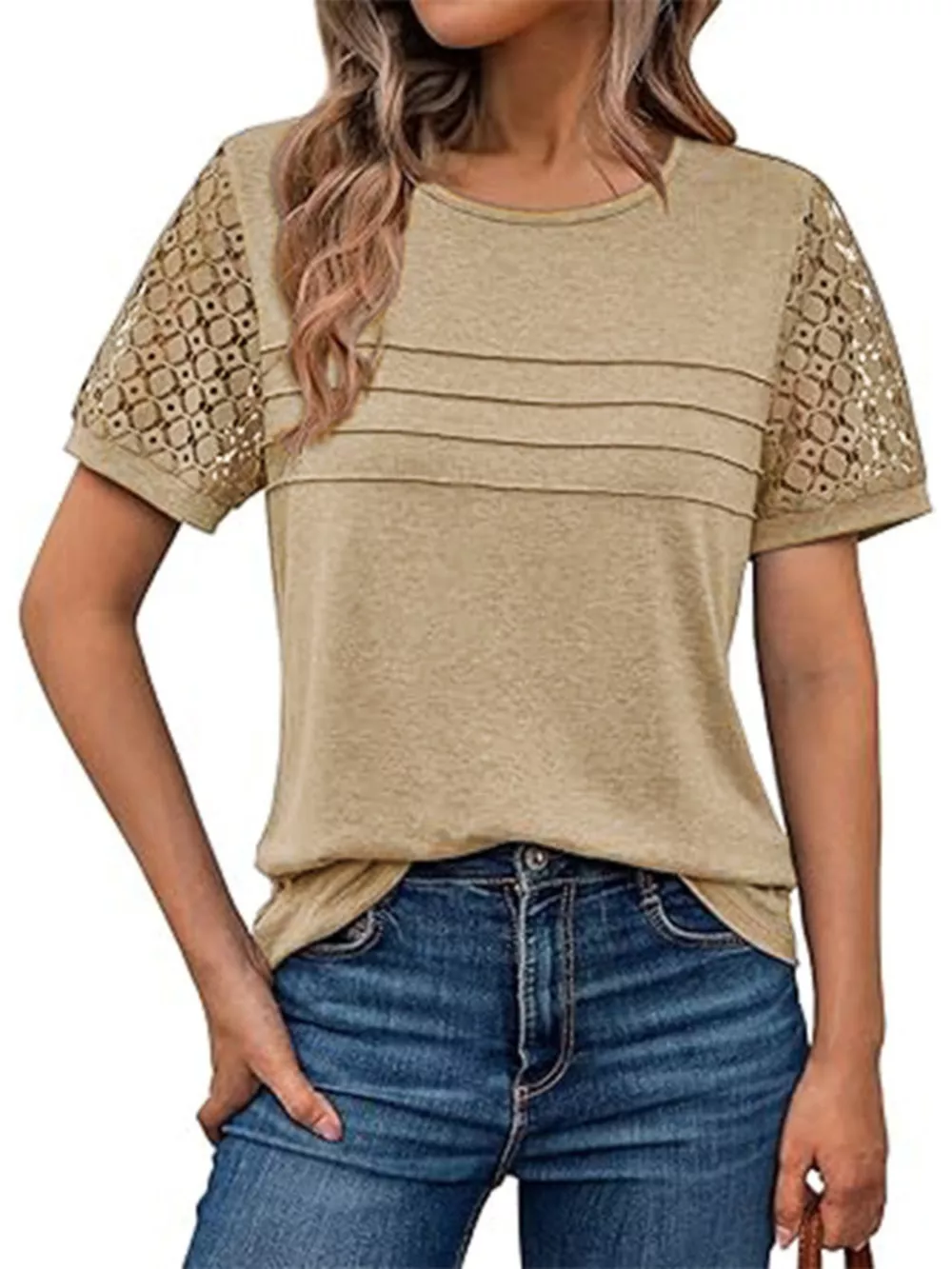 Lace Short Sleeve Round Neck T-Shirt, image 3