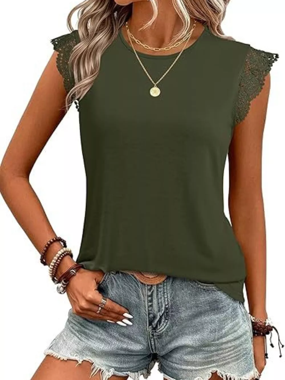 Lace Trim Round Neck Top, image 4