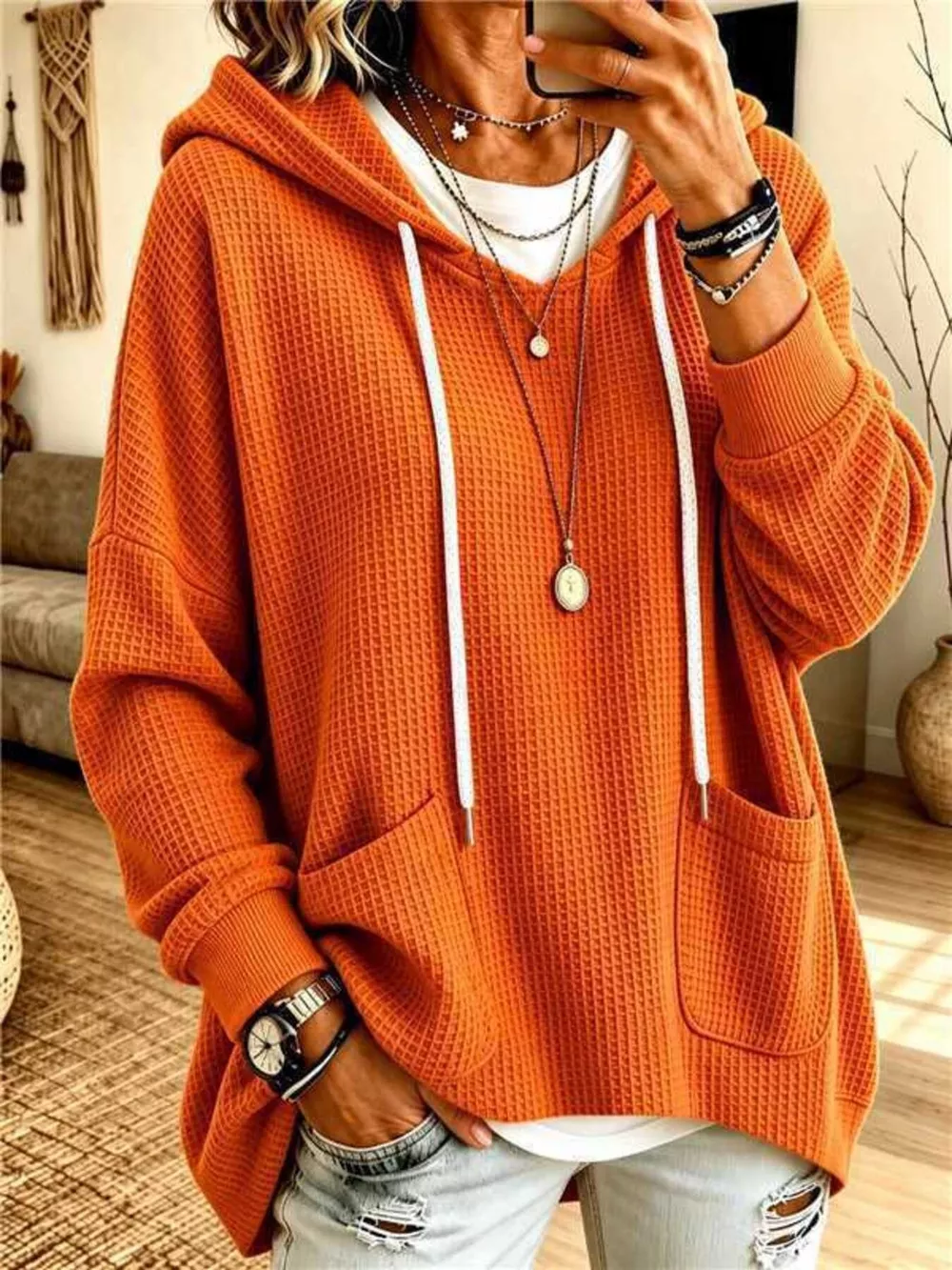 Full Size Waffle Knit Drawstring Long Sleeve Hoodie Plus Size, image 2