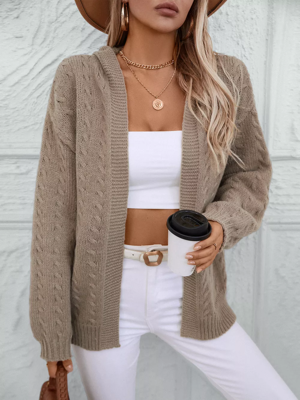 Cable Knit Open Front Hooded Cardigan, image 4