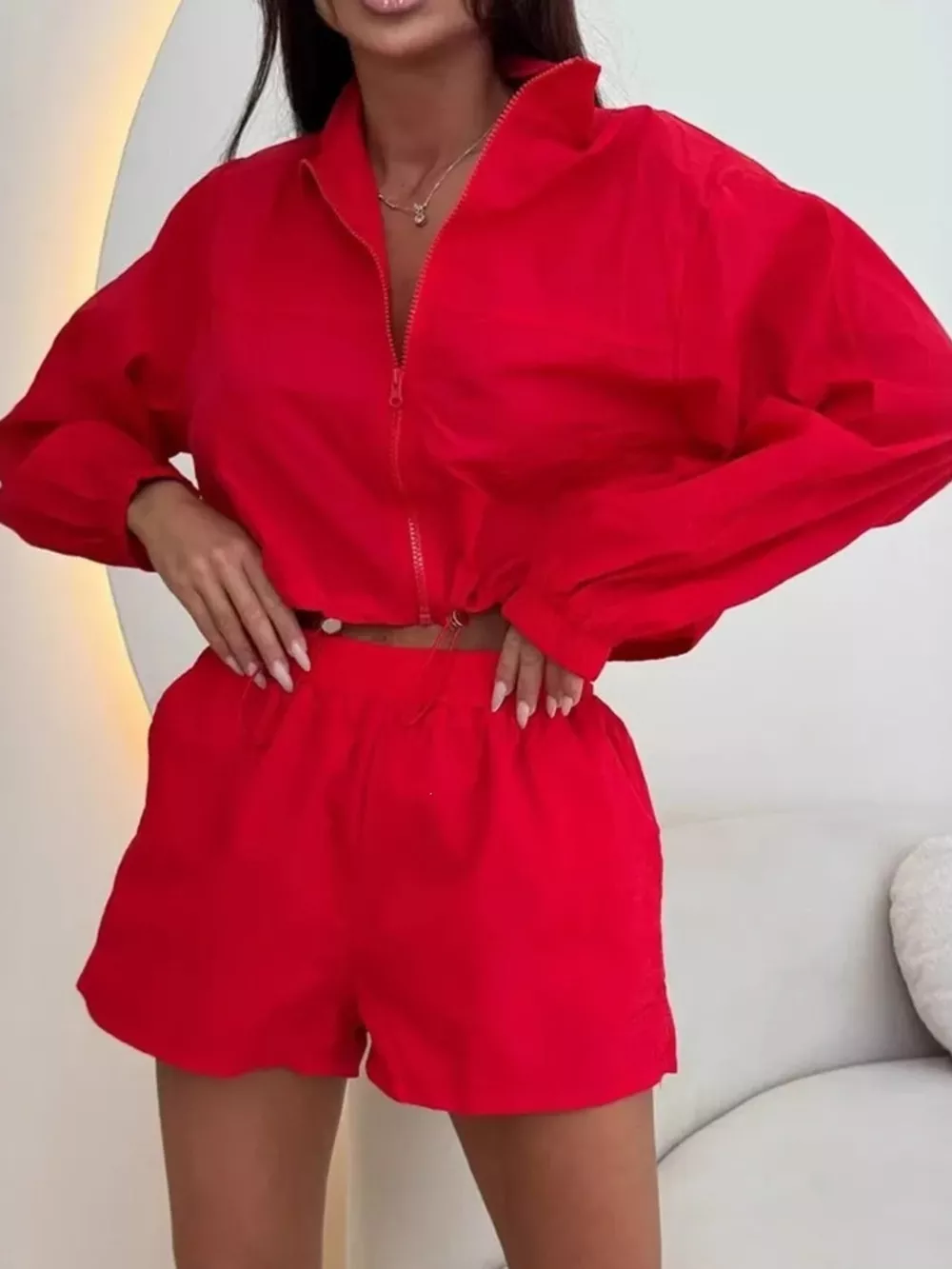 Zip-Up Crop Jacket and High-Waisted Shorts Set, image 2