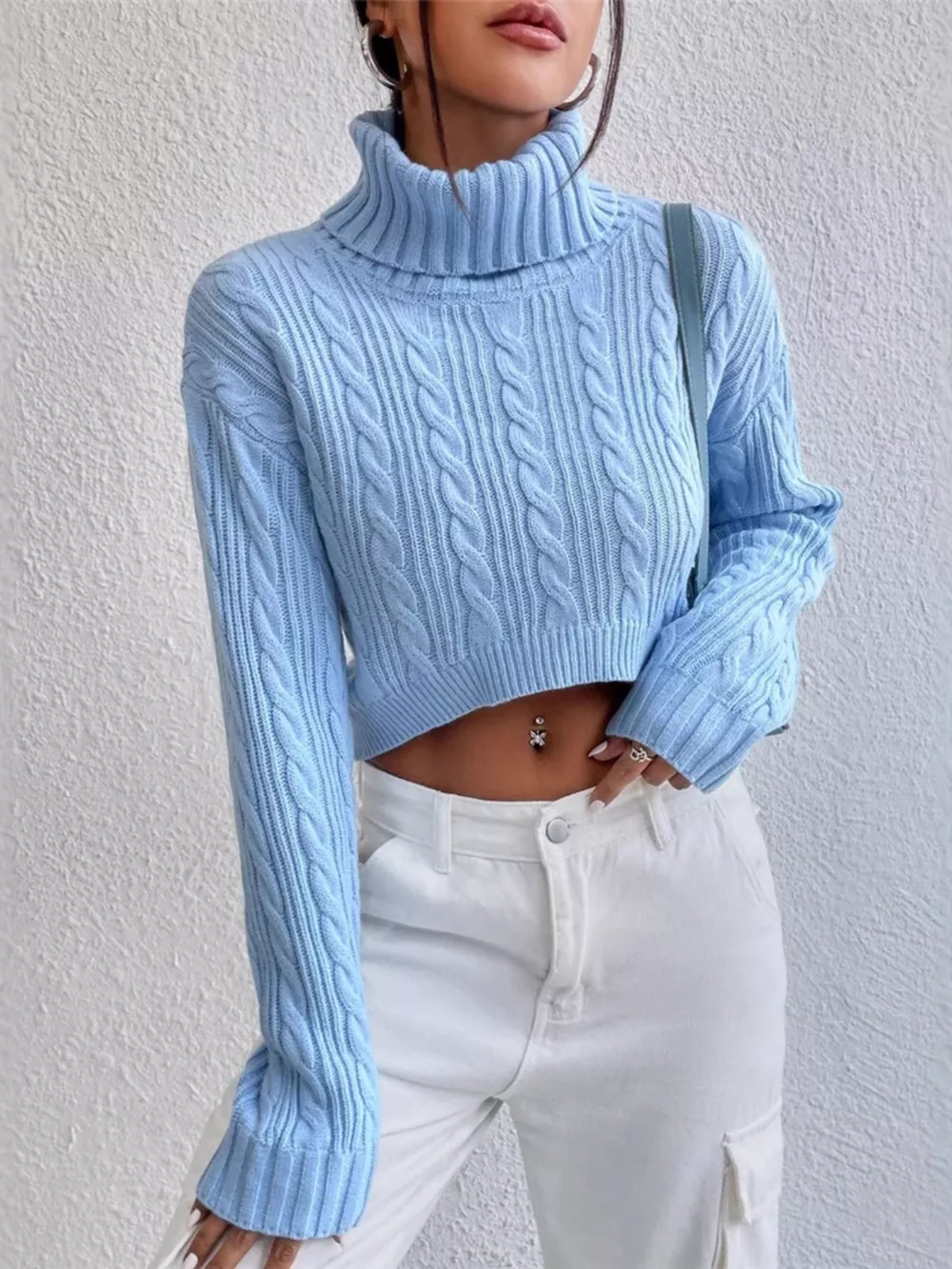 Cable-Knit Turtleneck Long Sleeve Sweater, image 3