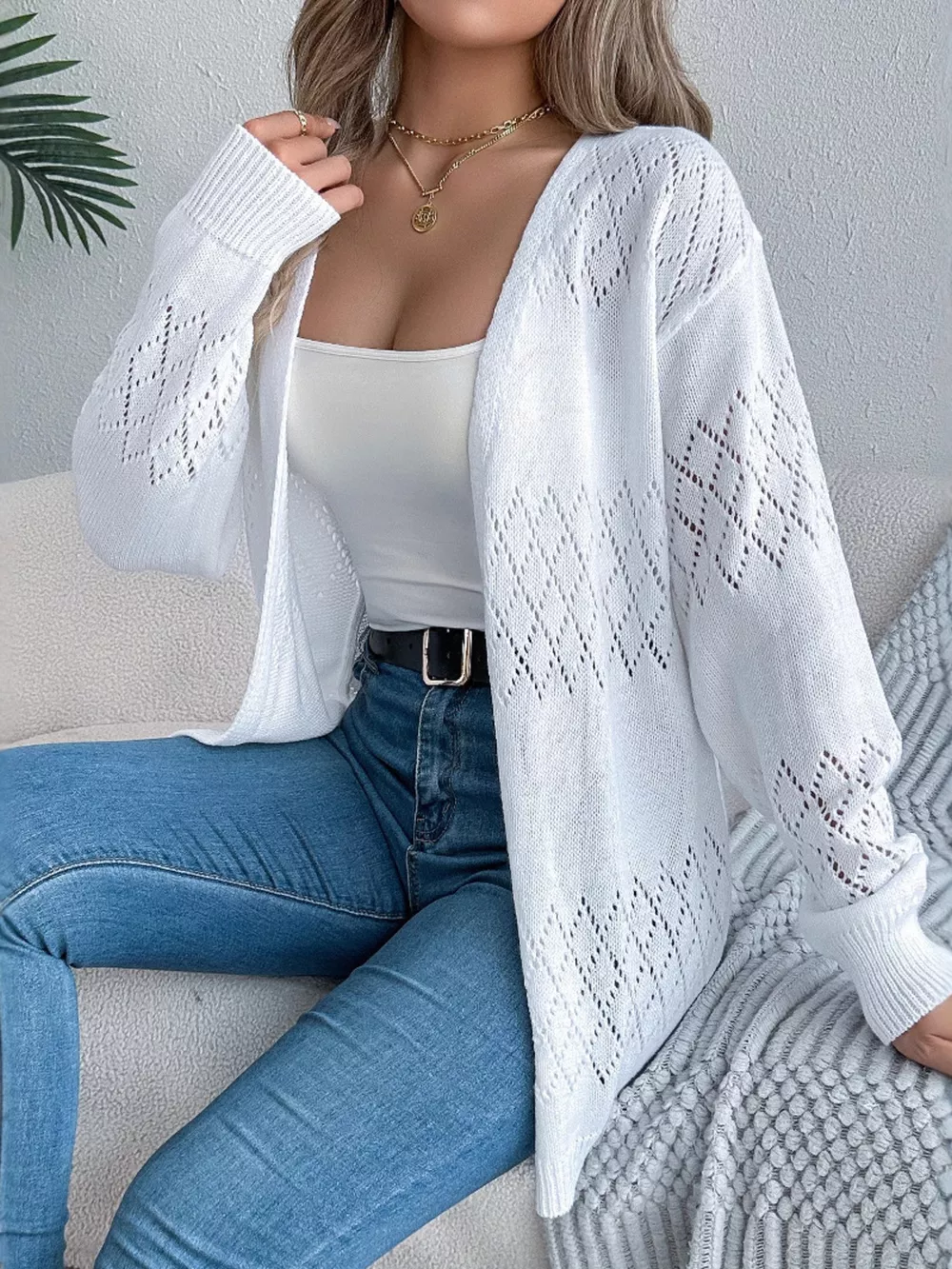 Openwork Open Front Long Sleeve Cardigan, image 15