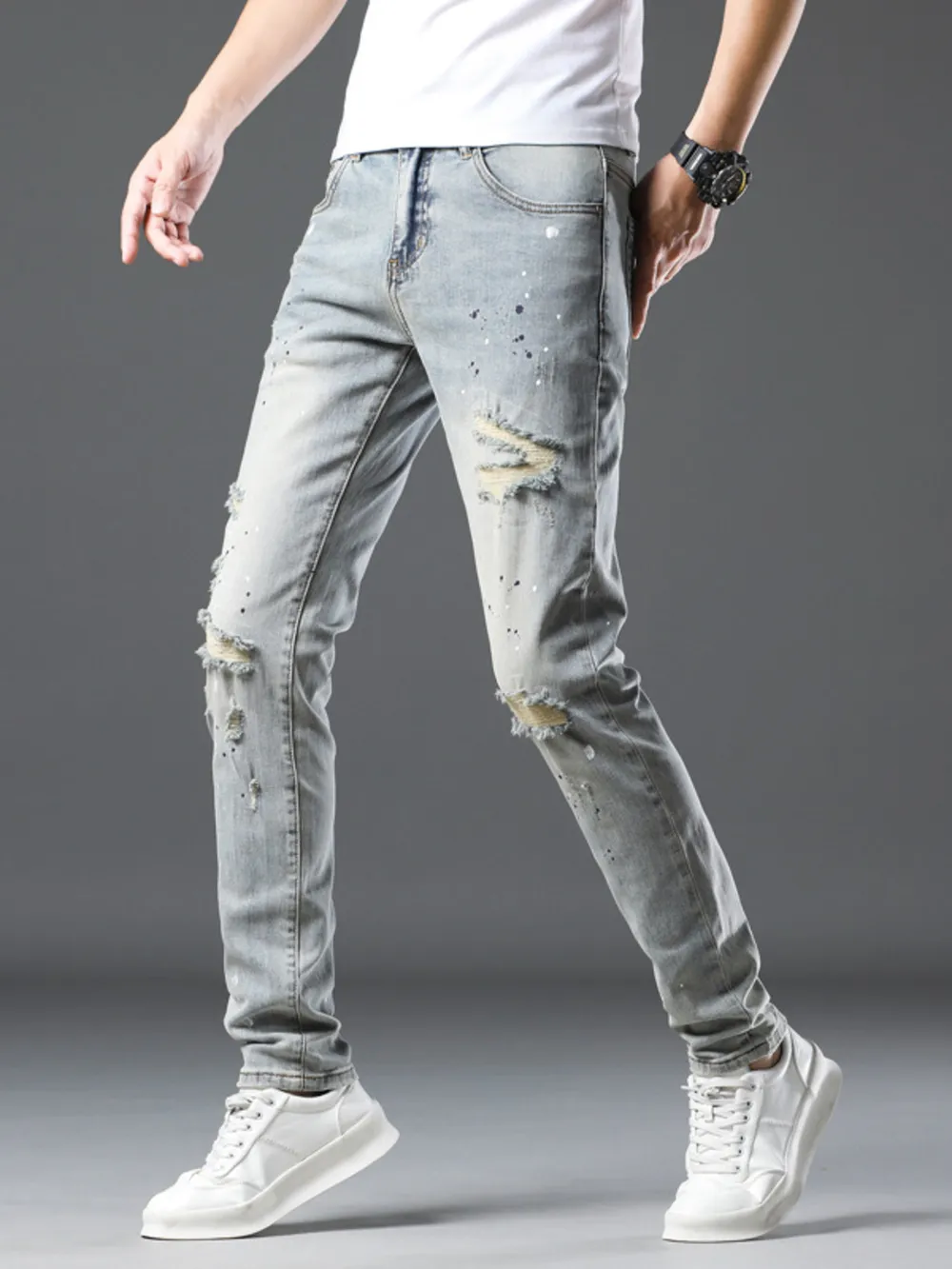 Men's Vintage Distressed Light Wash Skinny Jeans, image 4