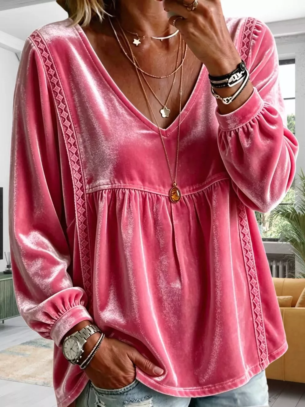 Full Size Velvet Lace Detail V-Neck Blouse Plus Size, image 21