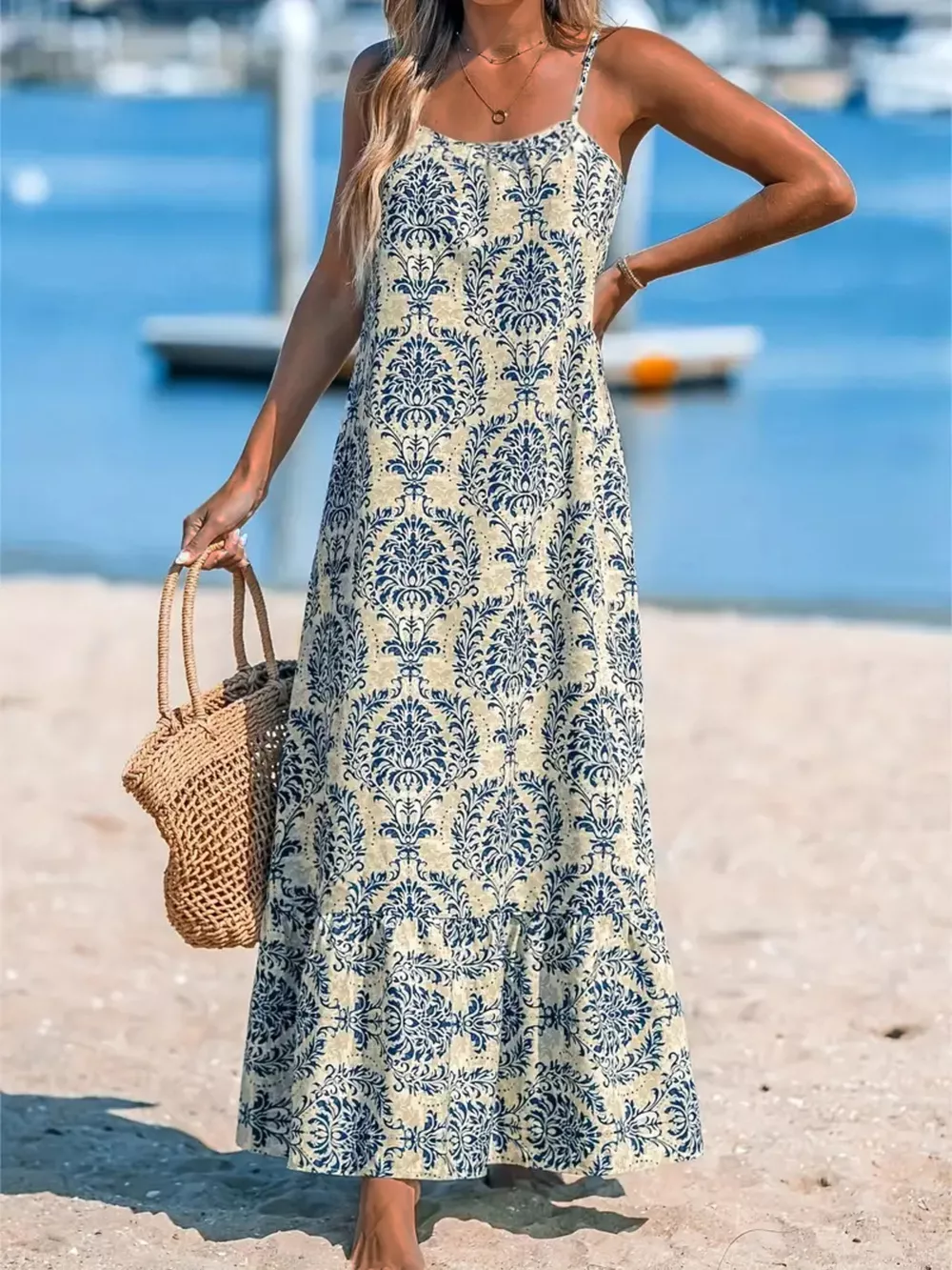 Plus Size Bohemian Spaghetti Strap Damask Print Maxi Beach Dress
