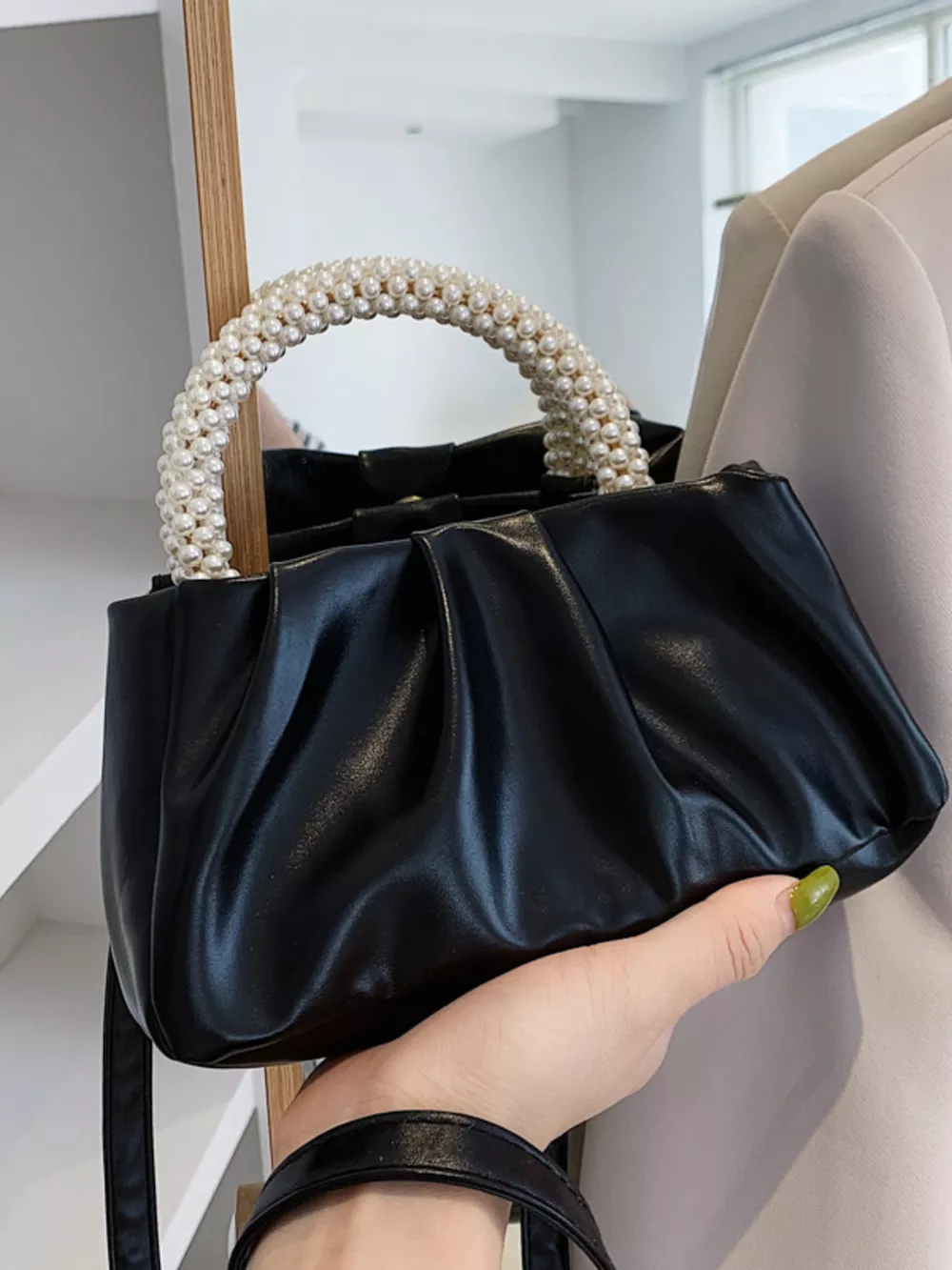 Pearl Handle Ruched Crossbody Bag, image 3